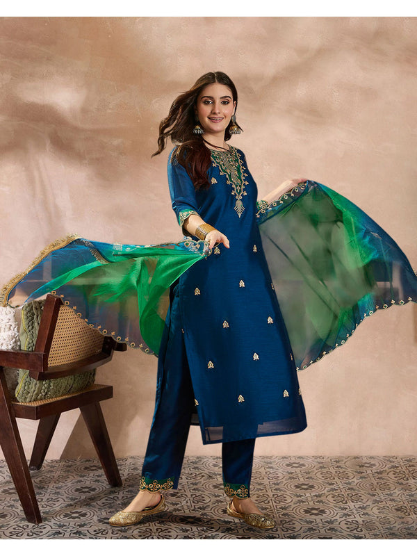 Navy Blue Silk Blend Zari Sequence Embroidered Kurta Pant & Dupatta (Set of 3)