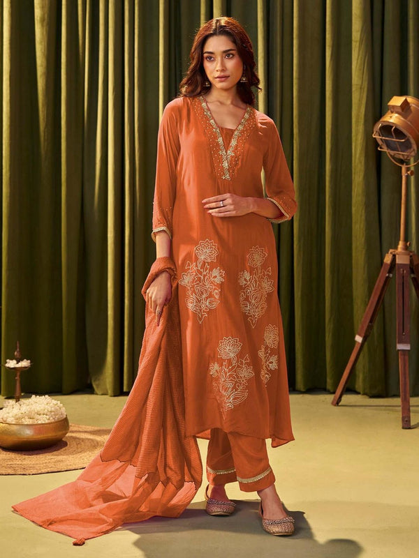 Women Rust Floral Kurta with Pant & Dupatta