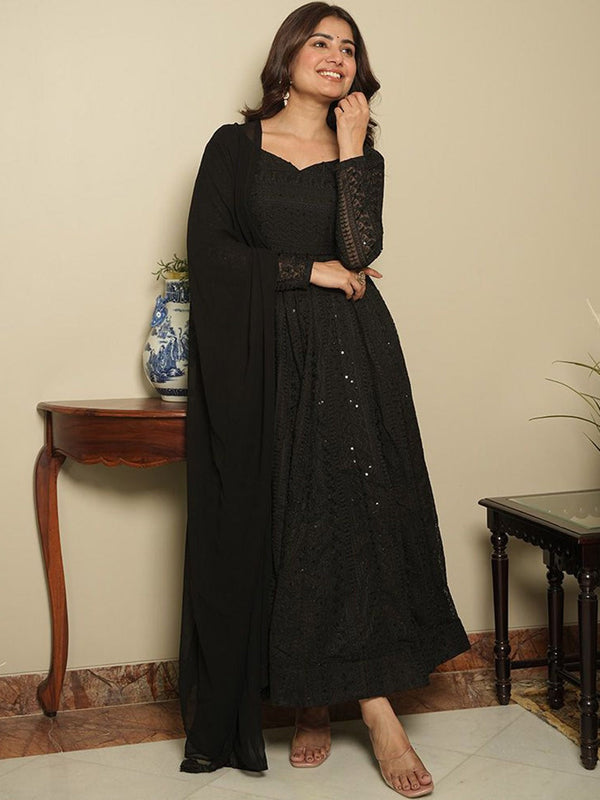 Ethnic Motifs Embroidered Anarkali Georgette Kurta With Trousers And Dupatta