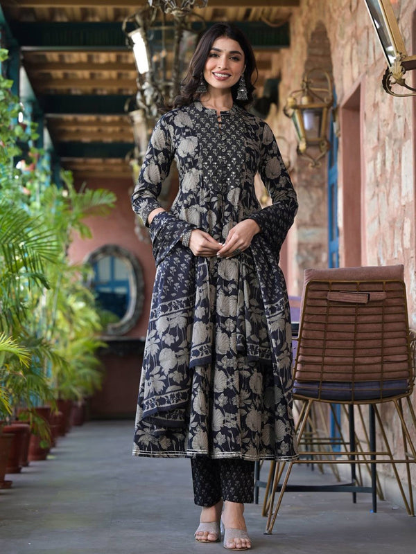 Black Floral Printed Pure Cotton Anarkali Kurta With Trousers & Dupatta