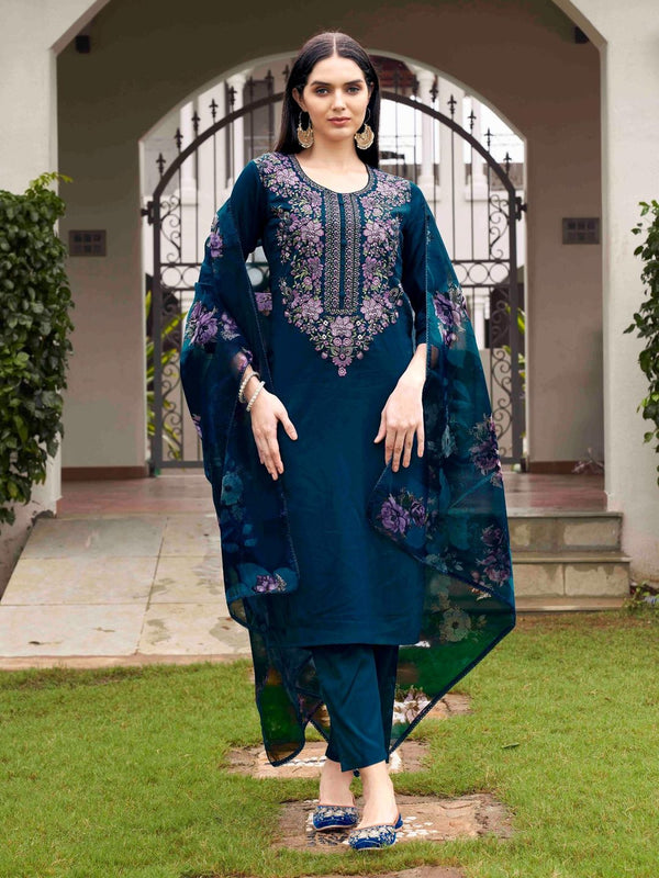Teal Blue Embroidered Kurta and Pants with Dupatta (Set of 3)