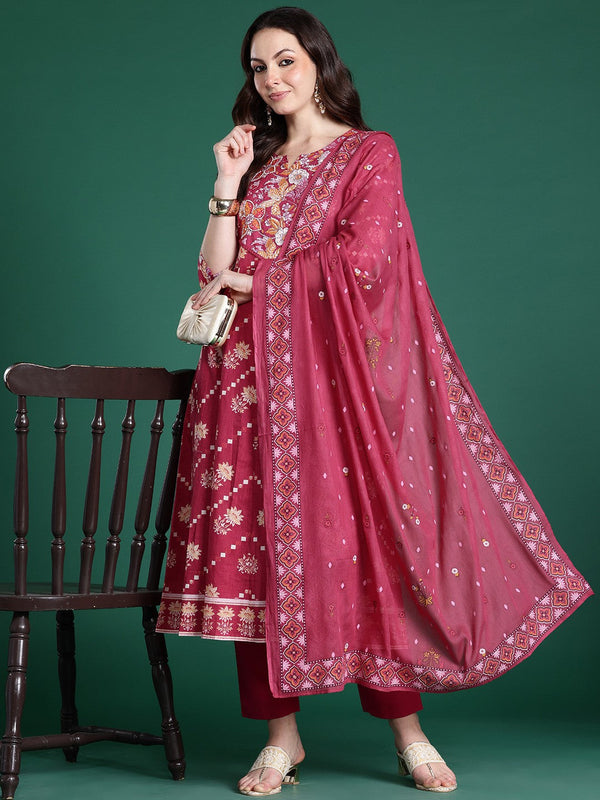 Floral Printed Pure Cotton Kurta with Trousers & Dupatta
