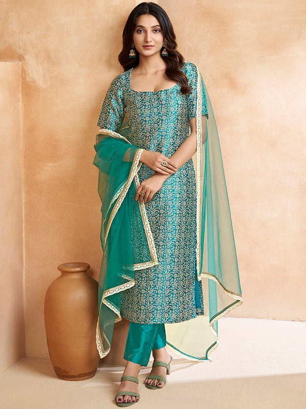 Floral Regular U-Neck Kurta With Trousers & Dupatta