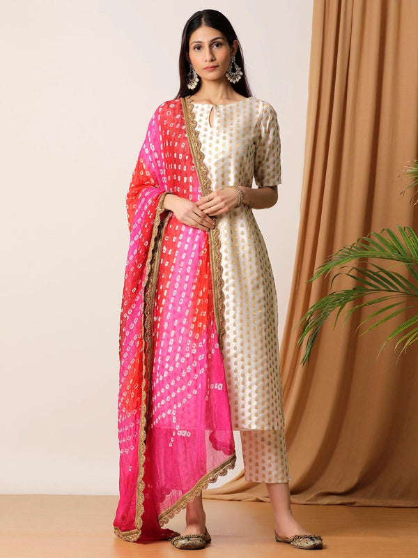 Ivory Brocade Kurta And Pant With Bandhani Dupatta (Set of 3)