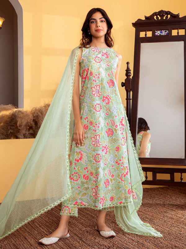 Pastel Green A Line Cotton Suit Kurta with Pant and Dupatta (Set of 3)