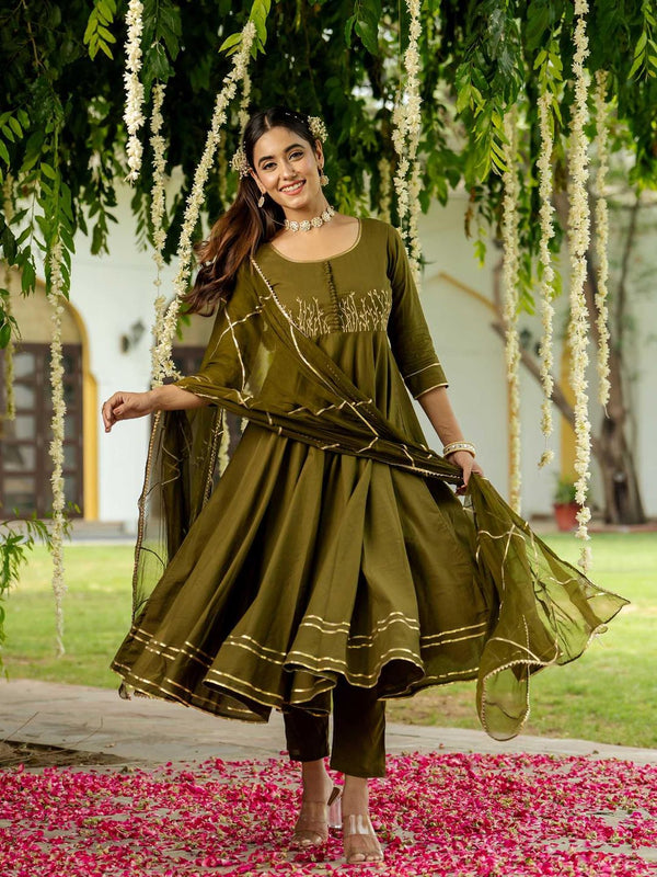 Olive Zari Embroidery Anarkali with Pant and Dupatta (Set of 3)
