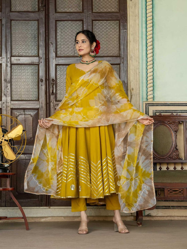 Mustard Gotta Work Anarkali with Pant and Dupatta (Set of 3)