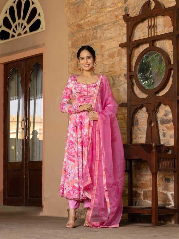 Pink Designed Yoke Anarkali with Pant and Dupatta (Set of 3)