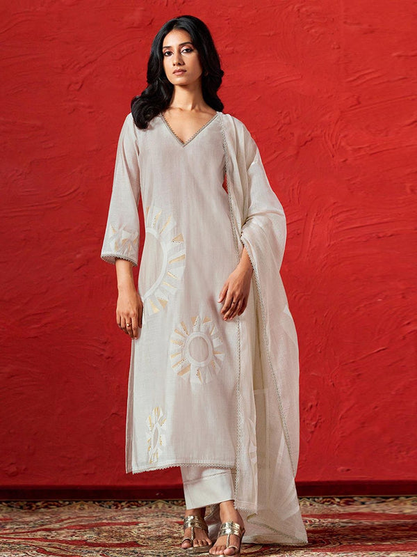 Fog Grey Woven Kurta with Pant and Dupatta (Set of 3)