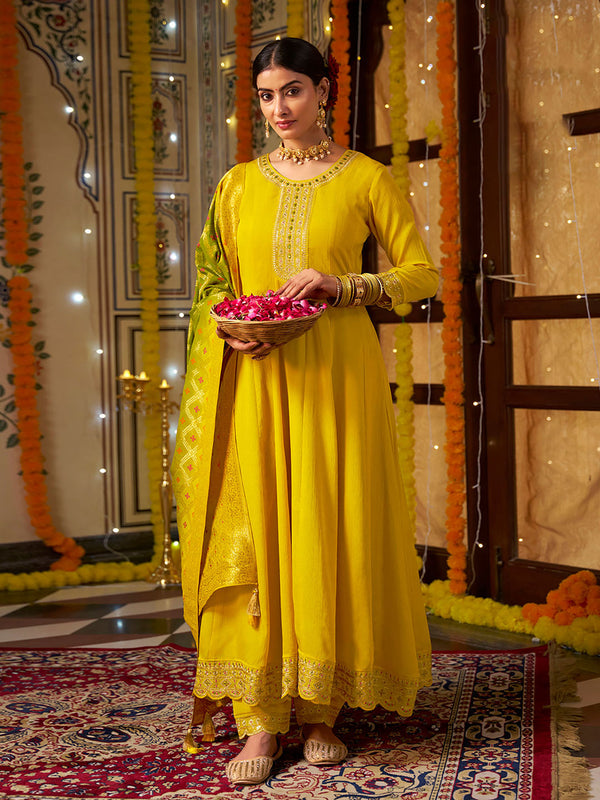 Yellow Zari Embroidery with Mirror Work A Line Kurta with Pant and Dupatta (Set of 3)