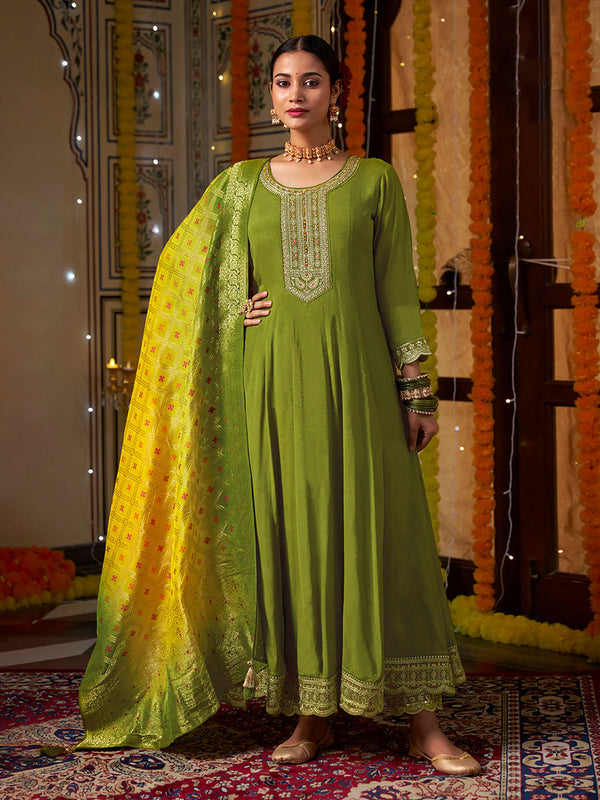 Green Zari Embroidery with Mirror Work A Line Kurta with Pant and Dupatta (Set of 3)