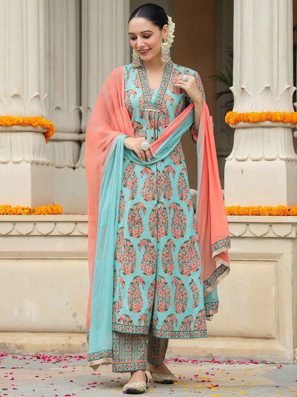 Ethnic Motif Printed Pure Cotton Kurta with Trousers & Dupatta
