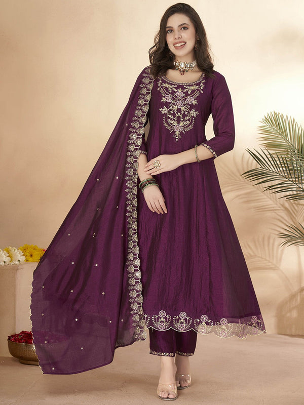 Ethnic Motifs Embroidered Regular Thread Work Anarkali Kurta With Trousers & Dupatta