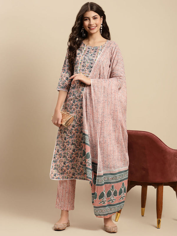 Womens Peach & Blue Yoke Mirror Work Kurta with Pant and Dupatta (Set of 3)