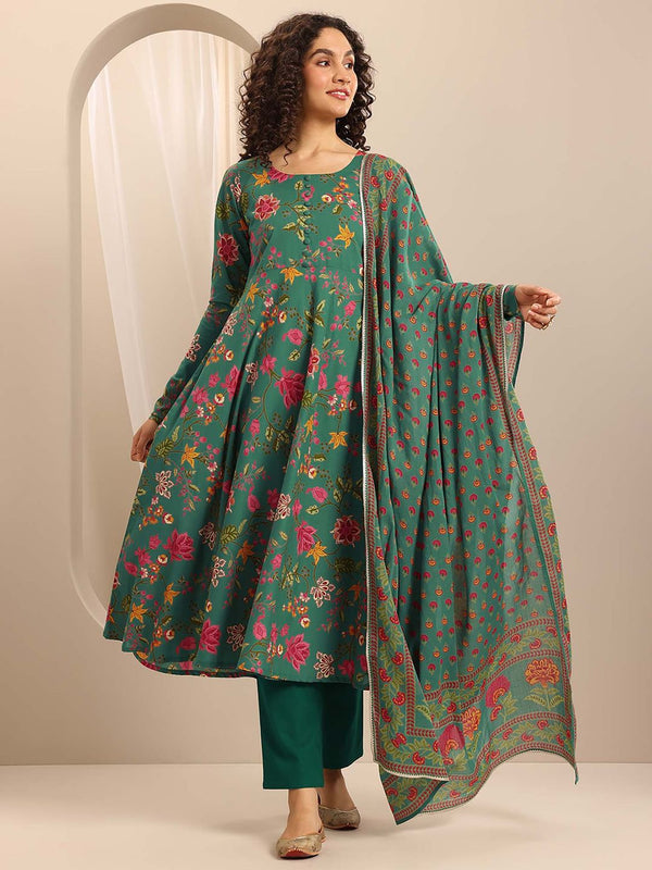 Green Floral Printed Anarkali Kurta with Pant and Dupatta (Set of 3)