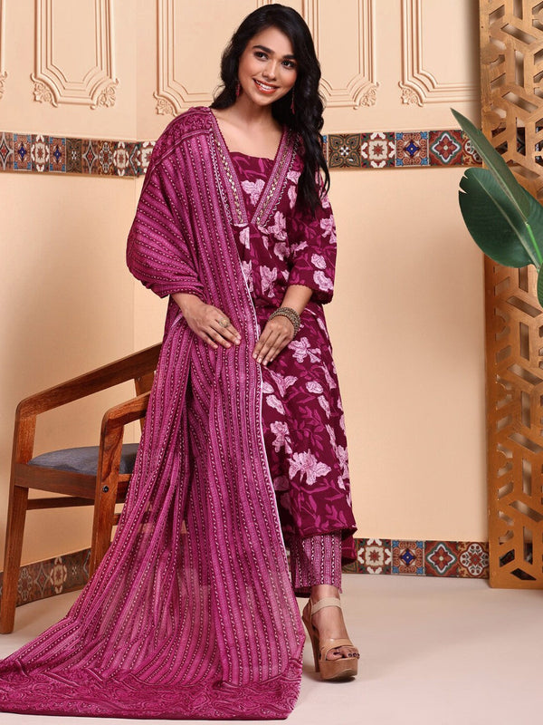 Cotton Embellished Floral Printed A-line Kurta With Trouser & Dupatta