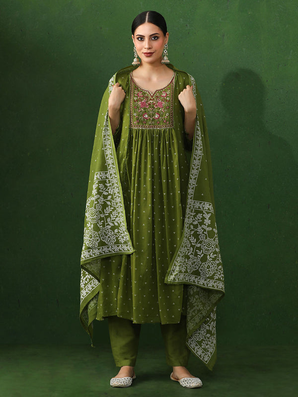 Green Embroidered A-Line Pure Cotton Kurta & Pant with Dupatta (Set of 3)
