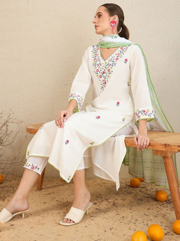 Floral Embroidered Pure Cotton Kurta With Trousers & Dupatta