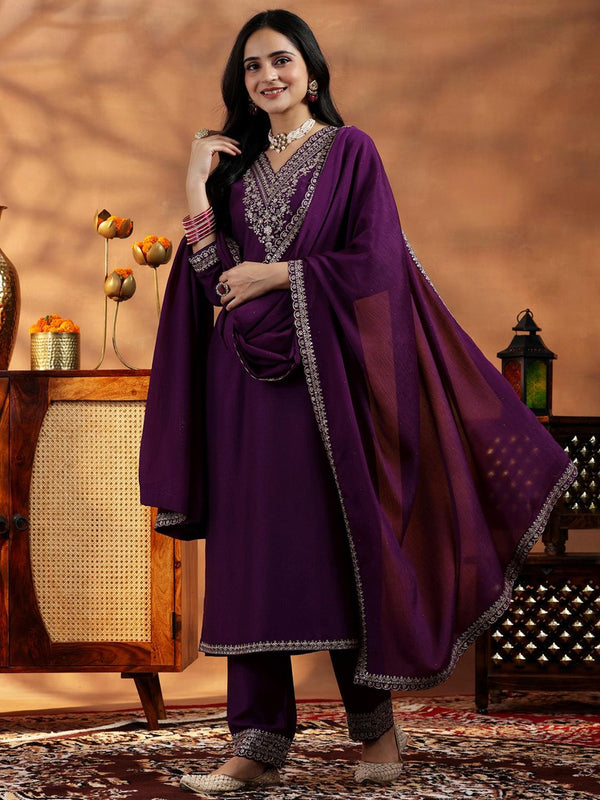 Womens Purple Kurta with Pant and Dupatta (Set of 3)