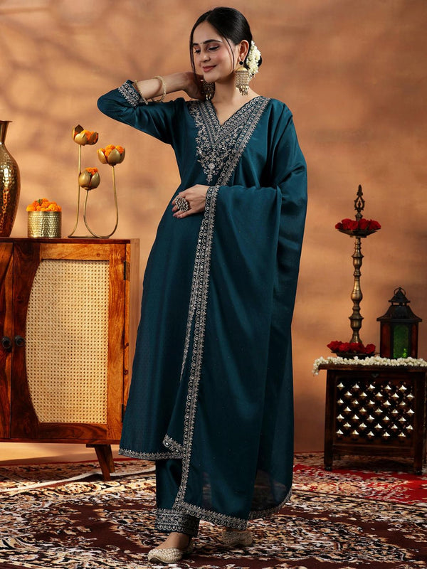 Womens Teal Kurta with Pant and Dupatta (Set of 3)
