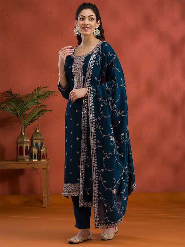 Women Floral Embroidered Straight Kurta with Trousers &
