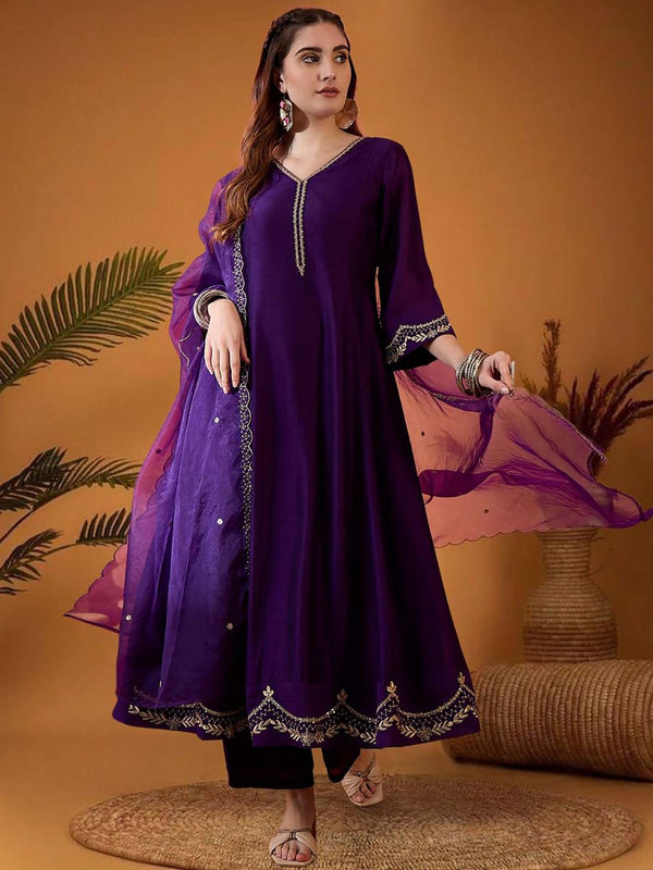 Women Purple Silk Blend Embroidered Kurta with Pant and Dupatta (Set of 3)