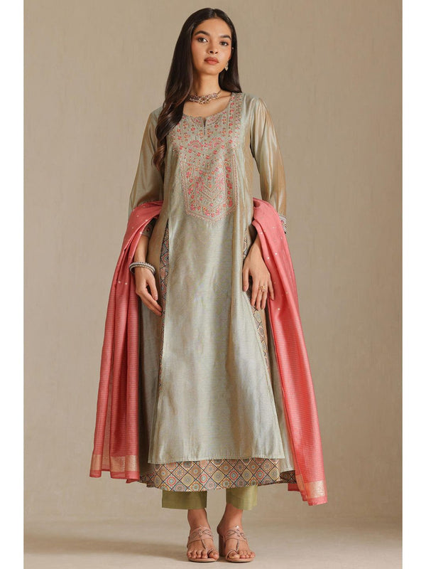 Womens Light Green Chanderi Embroidered Kurta With Pant And Dupatta With Zari (Set of 3)