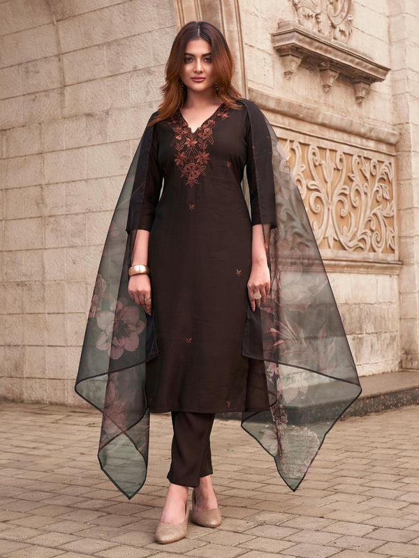 Brown Kurta and Pant with Printed Dupatta (Set of 3)