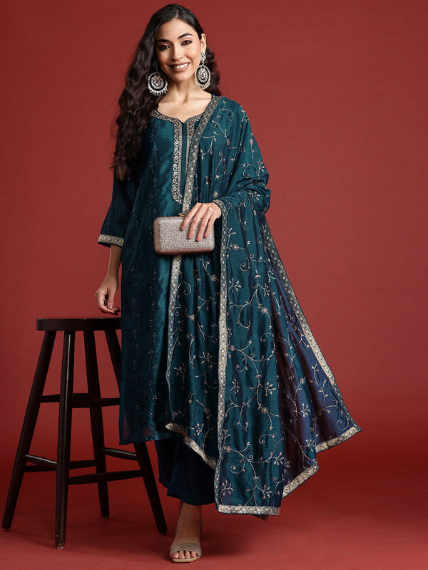 Floral Embroidered Sequinned Kurta With Trousers & Dupatta