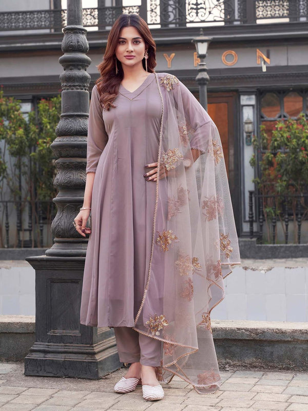 Mauve Anarkali Flared Kurta & Pant With Sequinns Dupatta (Set of 3)