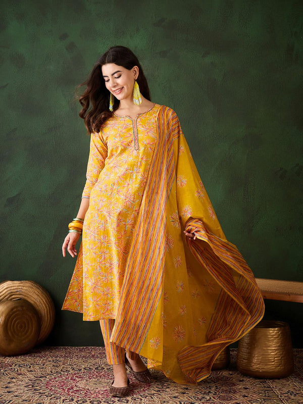 Mustard Floral Printed Kurta with Pant and Dupatta (Set of 3)
