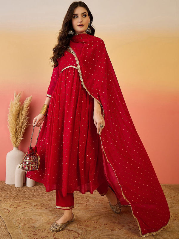 Geometric Sequinned V-Neck Georgette Empire A-Line Kurta With Trouser & Dupatta