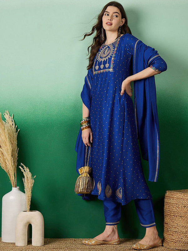 Blue floral Embroidered A-Line Kurta & Trousers With Dupatta
