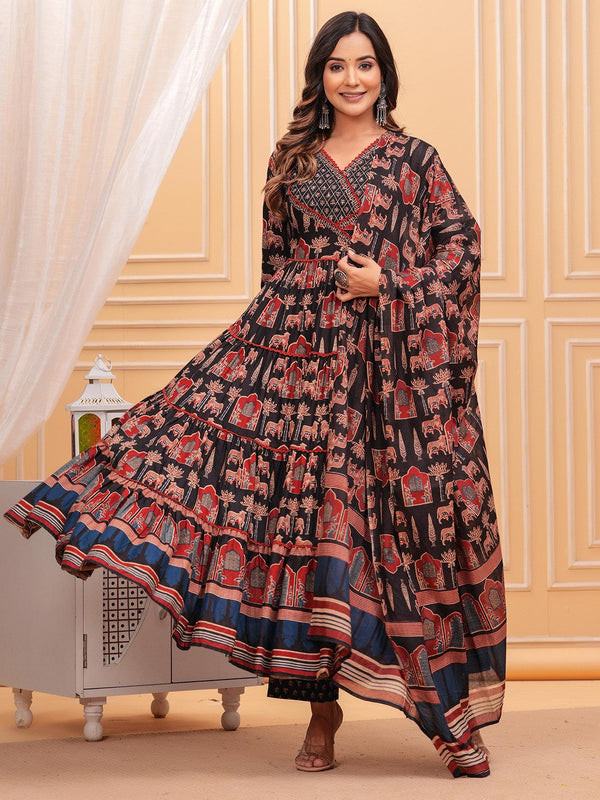 Floral Printed Layered Sequinned Pure Cotton Anarkali Kurta With Trousers & Dupatta