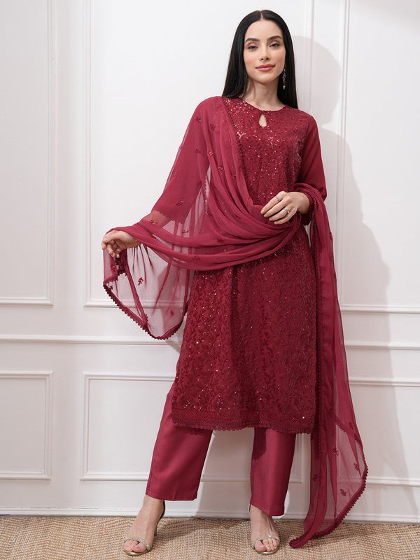 Women Ethnic Motifs Embroidered Regular Sequinned Kurta with Trousers & With Dupatta