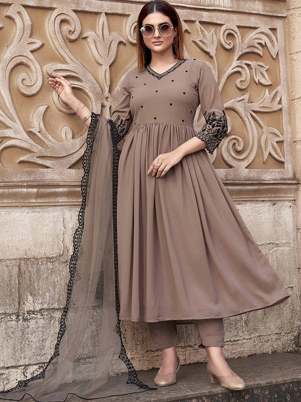 Nude Floral Embroidered Thread Work Georgette Kurta With Trouser & Dupatta
