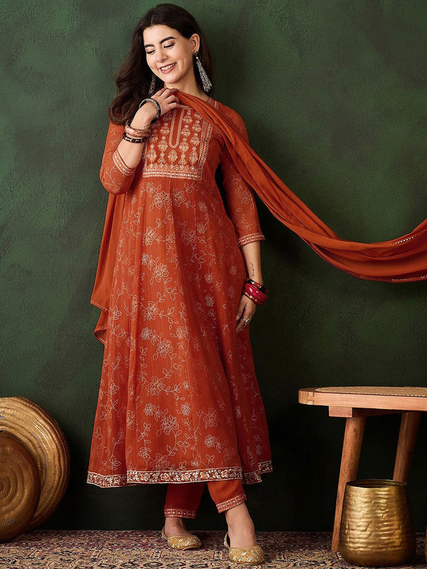 Floral Printed Zari Anarkali Kurta With Trousers & Dupatta