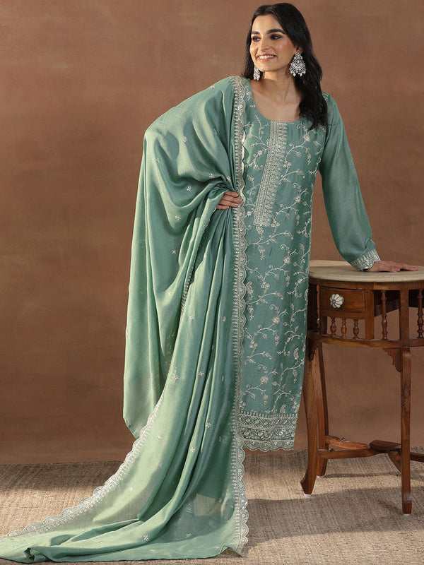 Green Floral Embroidered Sequinned Straight Kurta With Trousers & Dupatta