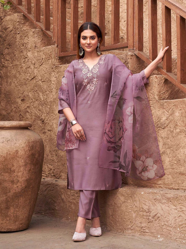 Women Mauve Silk Blend Embroidered Kurta with Pant and Dupatta (Set of 3)