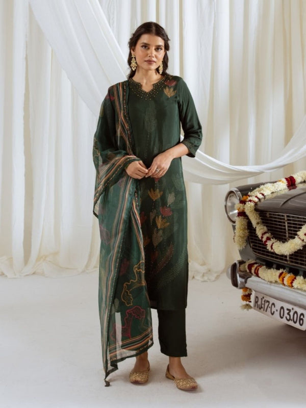 Saisha Saber Printed Muslin Green Kurta & Pant With Dupatta (Set of 3)