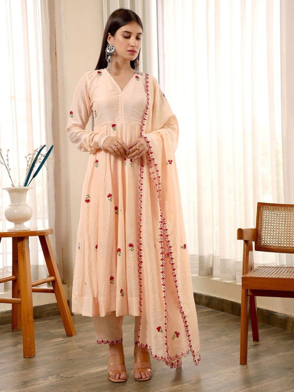 Beige Anarkali Kurta with Pant with Dupatta (Set of 3)