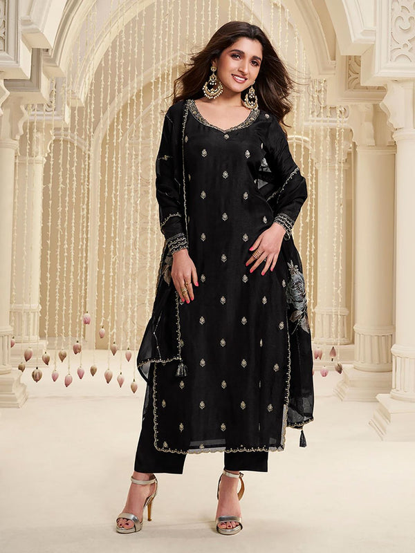 Black Embroidery Silk Straight Kurta with Pant and Dupatta (Set of 3)