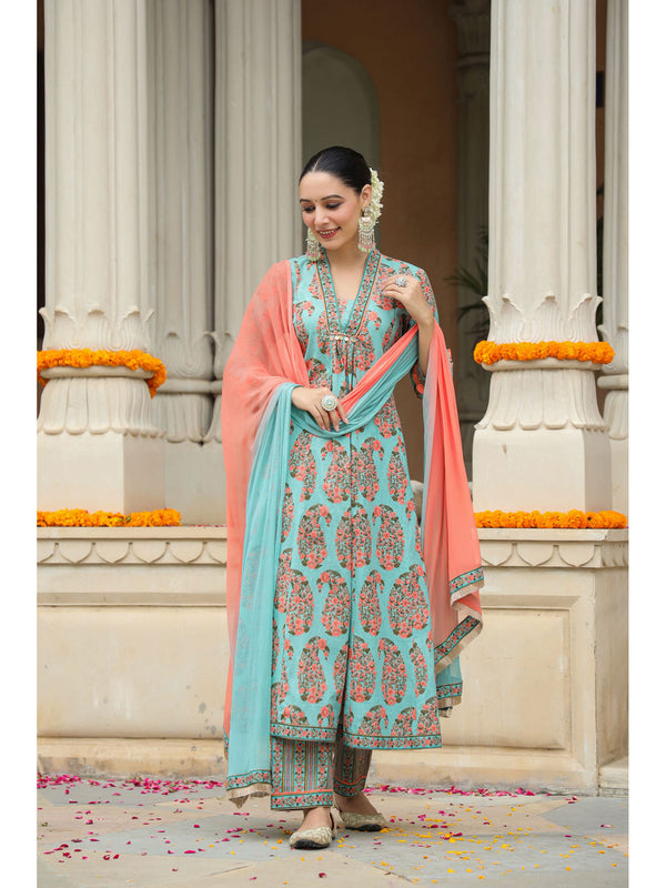 Ethnic Motif Printed Pure Cotton Anarkali Kurta With Pants & Dupatta (Set of 3)