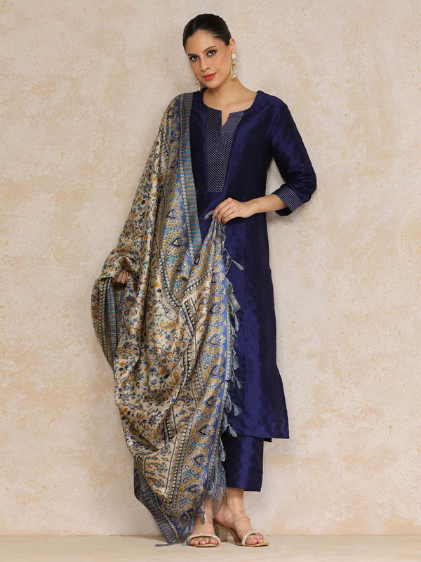 Navy Blue Zari Embroidered Straight Kurta with Pant and Printed Dupatta (Set of 3)