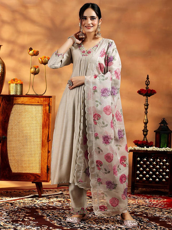 Beige Floral Embroidered Kurta with Pant & Dupatta (Set of 3)