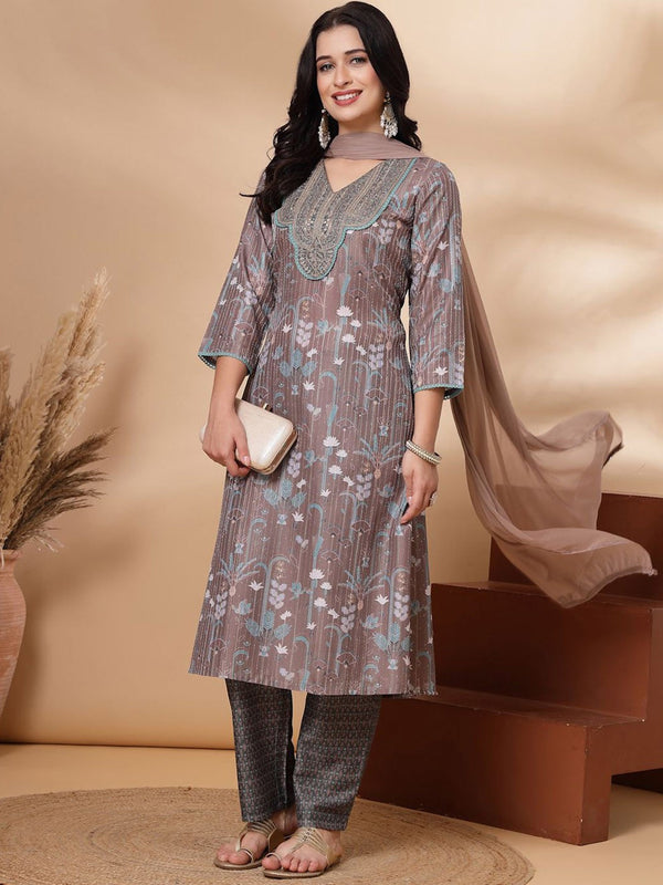 Floral Printed Thread Work Straight Kurta With Trouser & Dupatta