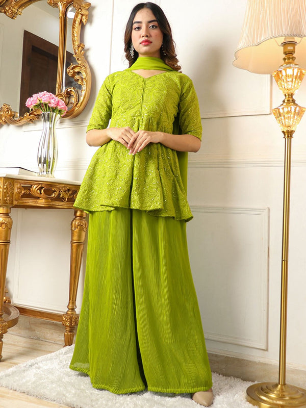 Ethnic Motifs Embroidered Regular Kurti With Sharara & Dupatta