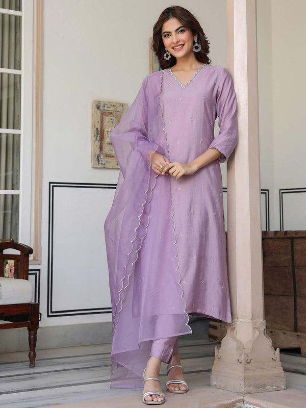 Women Lavender Embroidered Kurta with Pant and Dupatta (Set of 3)