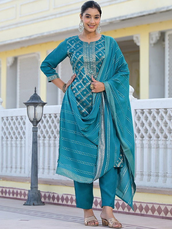 Floral Regular Pure Silk Kurta with Trouser & Dupatta