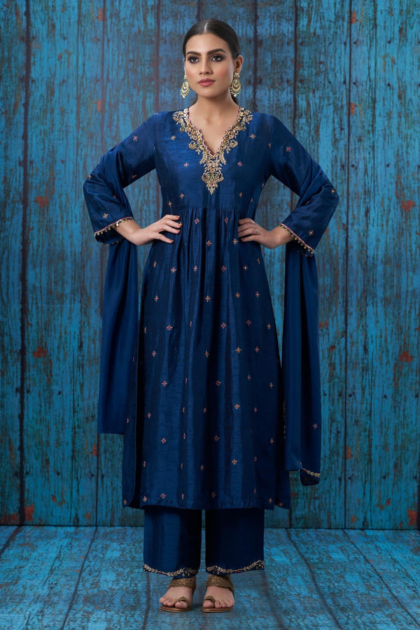 Blue Silk Embroidered Floral Notched Kurta And Palazzo set